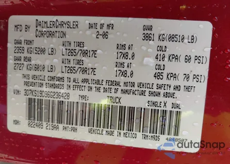 2006 Dodge Ram 1500 Slt from USA, damaged, VIN 3D7KS19D96G236428